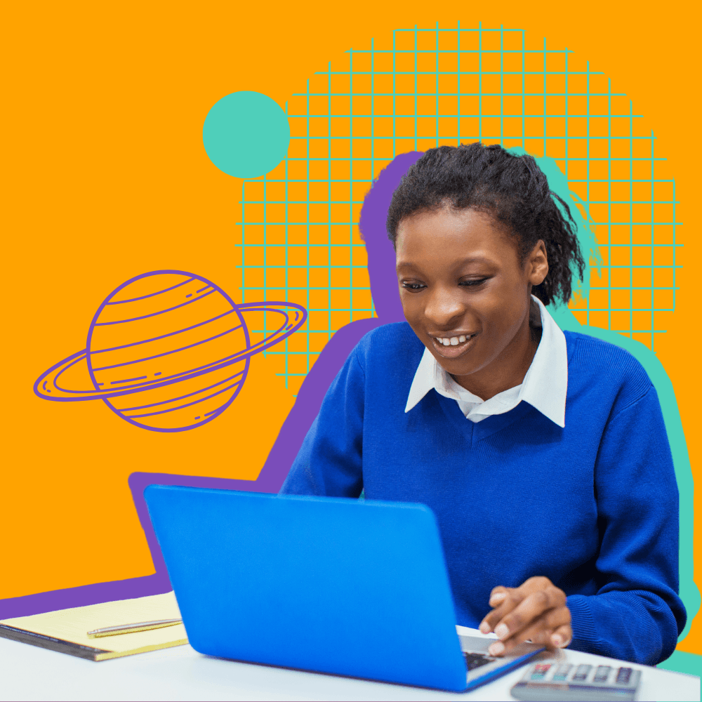 A female student smiling down at her open laptop screen whilst she sits at a desk with a notepad and calculator on. The background is orange with a line drawing of saturn and some graph squares behind the student.